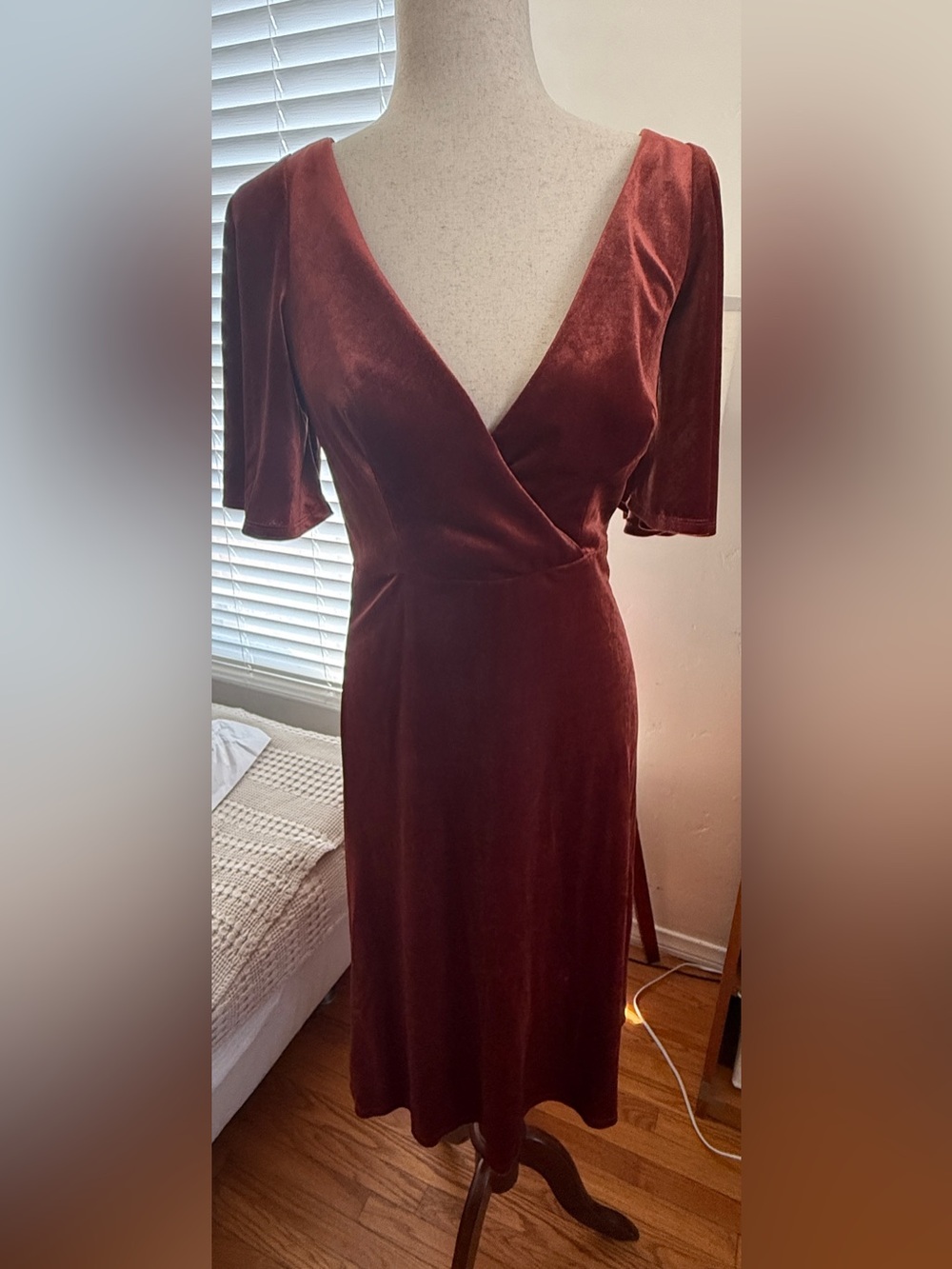 Ever Pretty Velvet Wrap Midi Dress in Burgundy Red